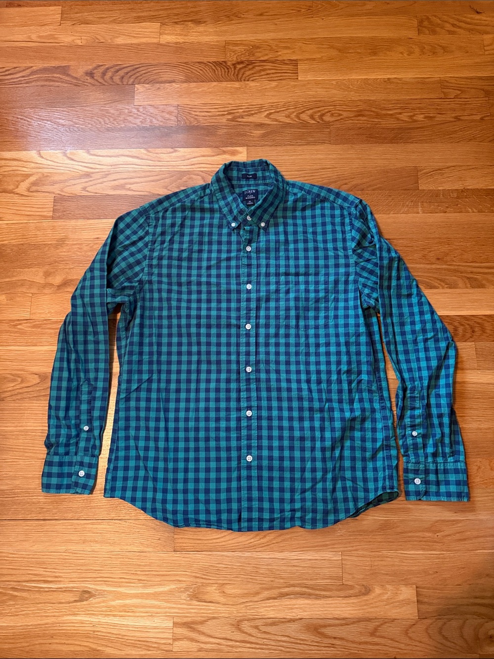 J. Crew Men's XL Button Shirt Long Sleeve Check Green Flex Washed Slim Check
